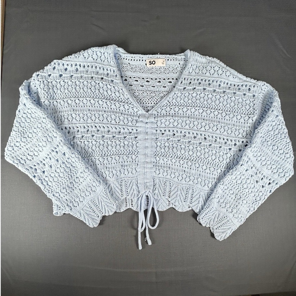 SO Light Blue Knitted Sweater With Adjustable Drawstring Front size Med coquette